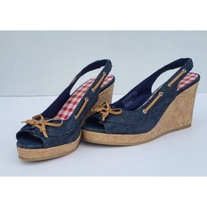 Dexter Denim Blue Chambray Cork Slingback Heel Wedges Size 8